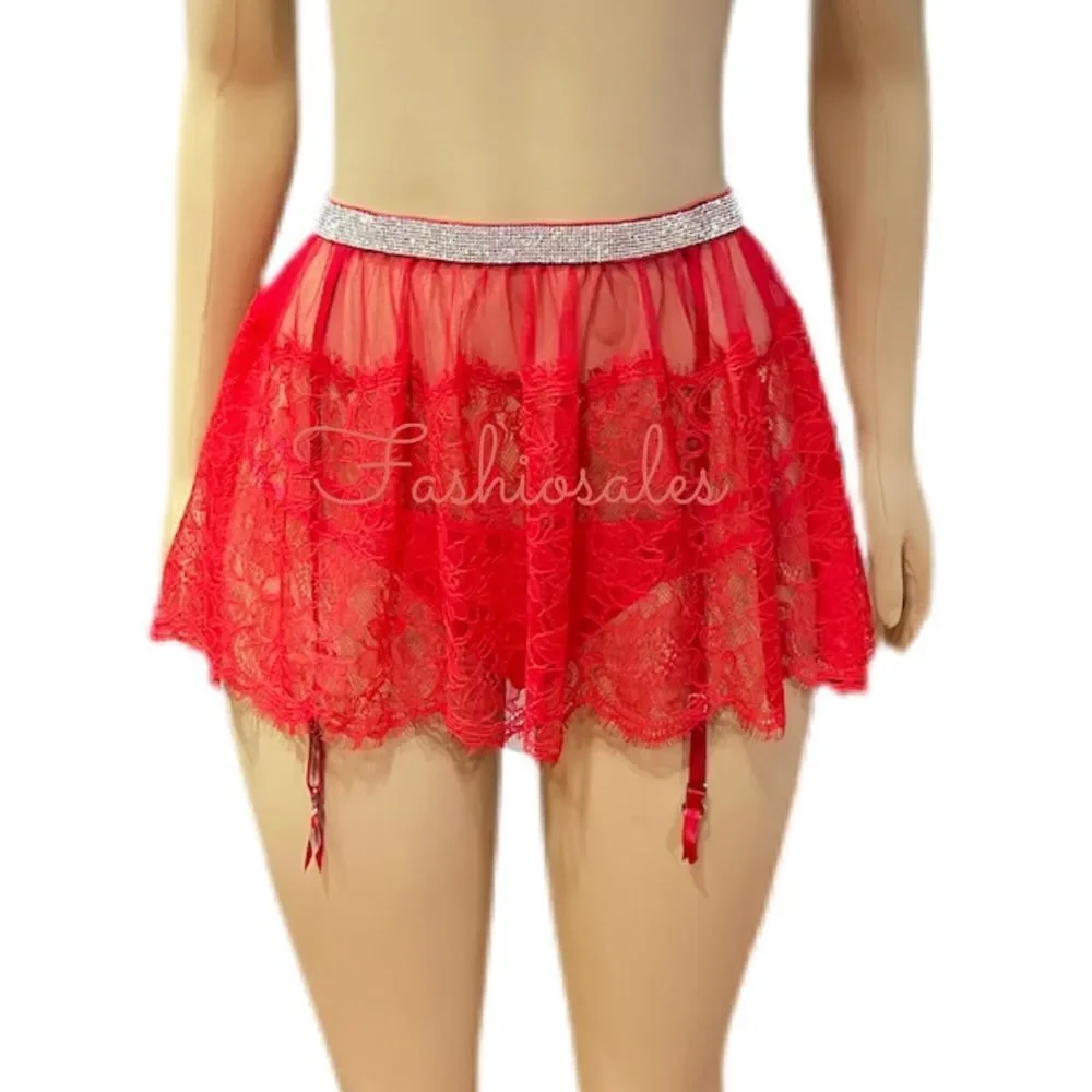 Victoria’s Secret Sexy Bling Rhinestone Shine Lace Skirt garter belt Red Xs / S
